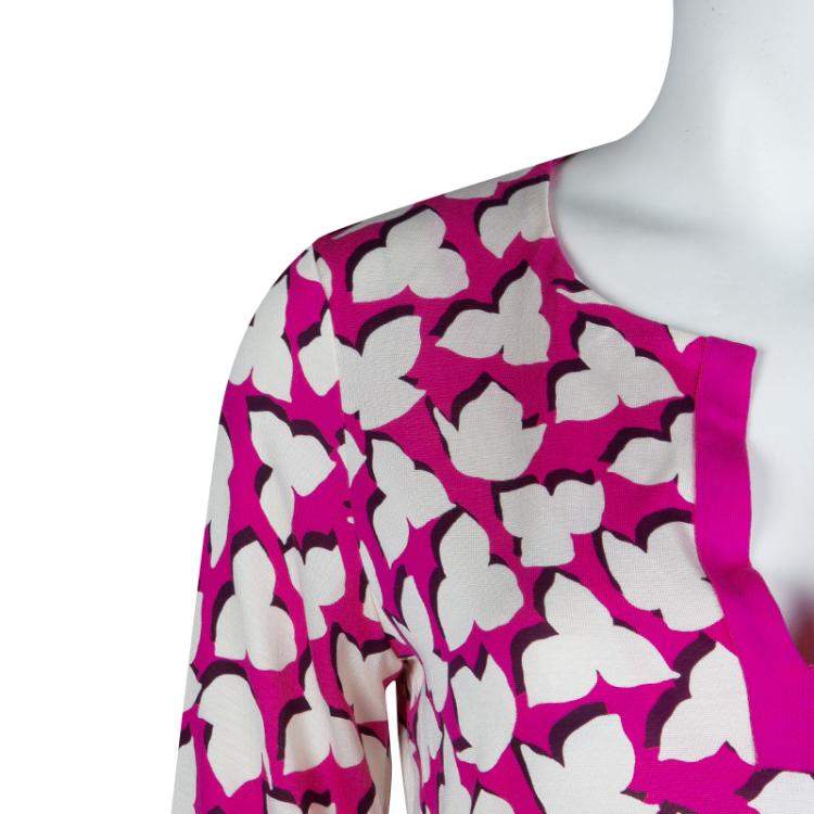 Pre Owned Diane Von Furstenberg Pink Printed Jersey Reina Dress M