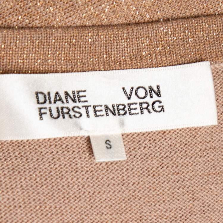 Pre Owned Diane Von Furstenberg Beige Lurex Knit Midi Wrap Dress S