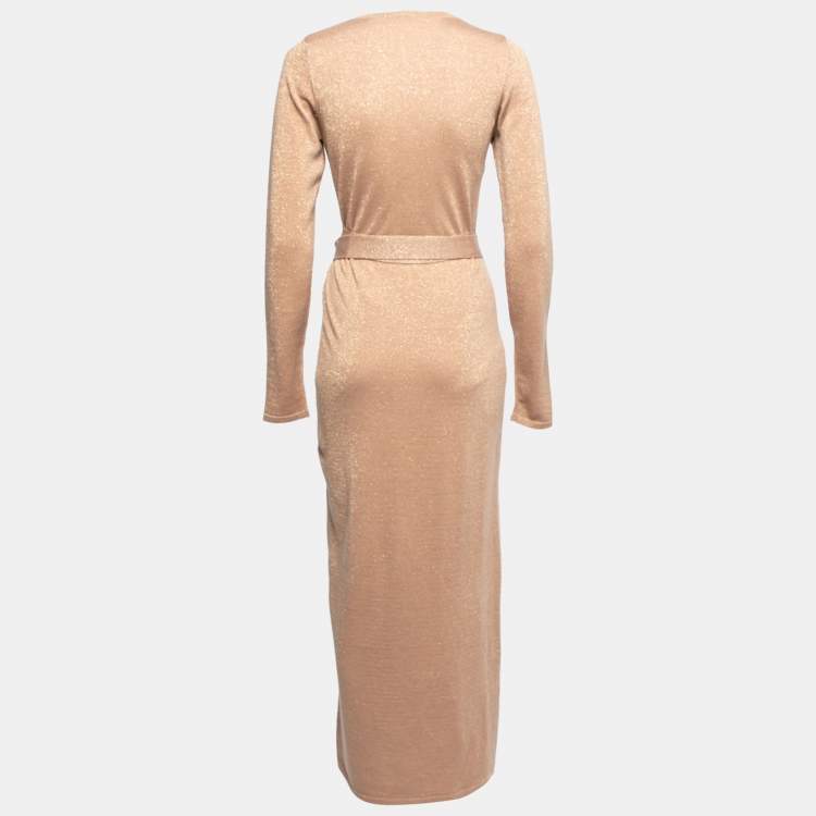 Pre Owned Diane Von Furstenberg Beige Lurex Knit Midi Wrap Dress S