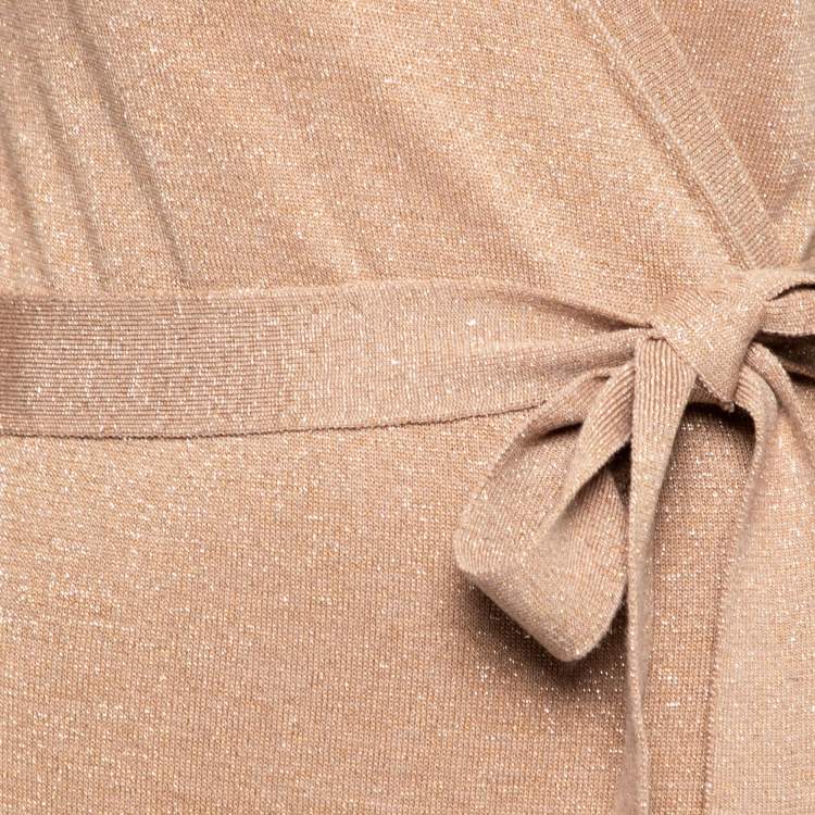 Pre Owned Diane Von Furstenberg Beige Lurex Knit Midi Wrap Dress S