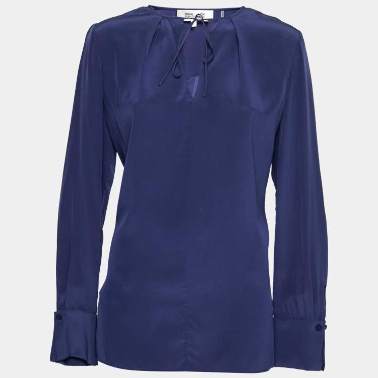 مملوكة مسبقًا Diane Von Furstenberg Navy Blue Silk Neck Tie Blouse M