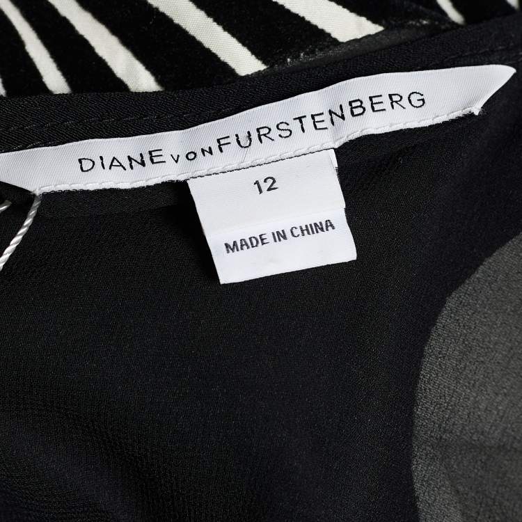 Pre Owned Diane von Furstenberg Monochrome Devoré Yarra Habotai Dress L