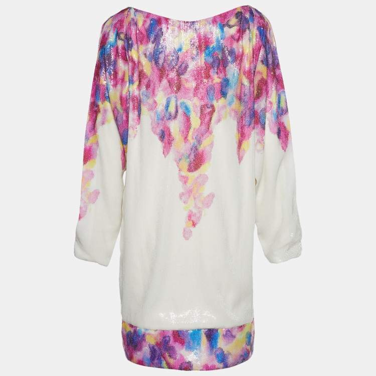 Pre Owned Diane Von Furstenberg White & Pink Sequined Shift Dress M