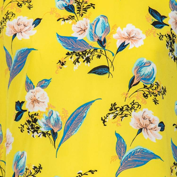 Pre Owned Diane von Furstenberg Yellow & Blue Floral Printed Silk Sleeveless Top L