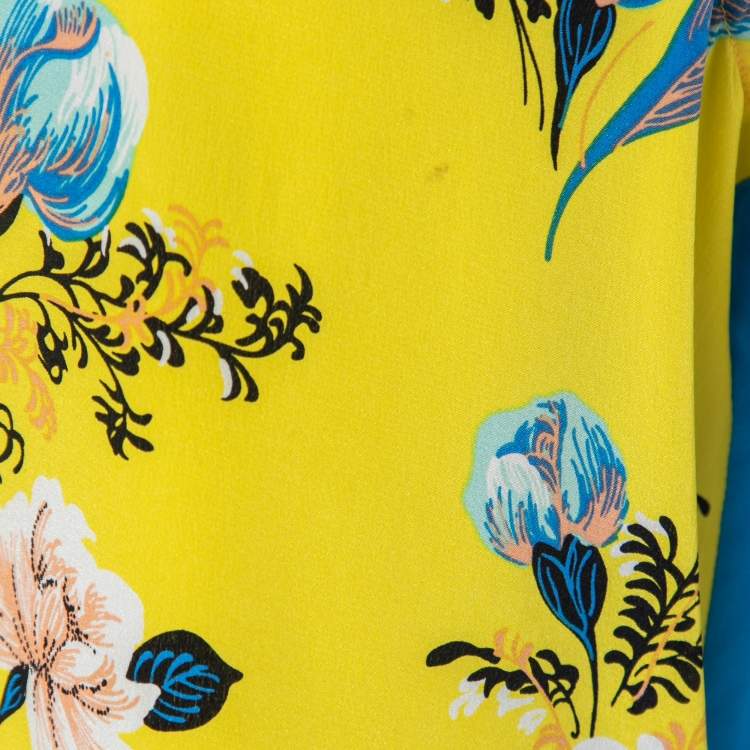 Pre Owned Diane von Furstenberg Yellow & Blue Floral Printed Silk Sleeveless Top L