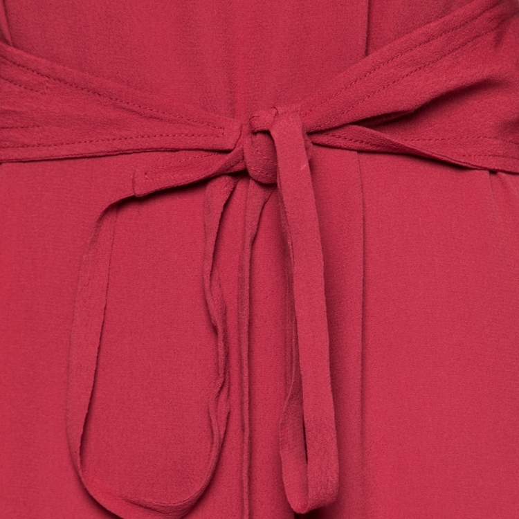 Pre Owned Diane Von Furstenberg Burgundy Crepe Long Sleeve Belted Dress L