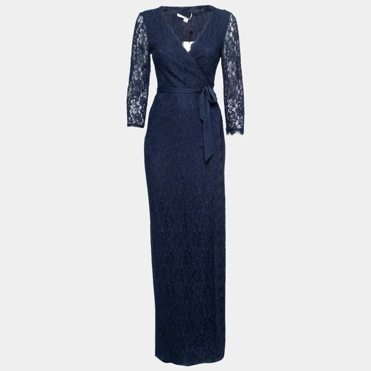 Diane von Furstenberg Navy Blue Floral Lace Julianna Wrap Maxi Dress M ...