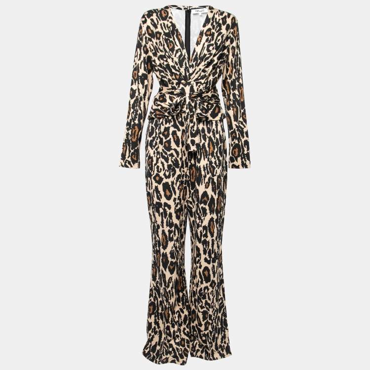 Pre Owned Diane von Furstenberg Brown Animal Print Silk Jersey Melinda Jumpsuit L