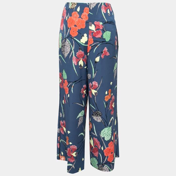 Pre Owned Diane von Furstenberg Indigo Floral Print Crepe Wide Leg Trousers L