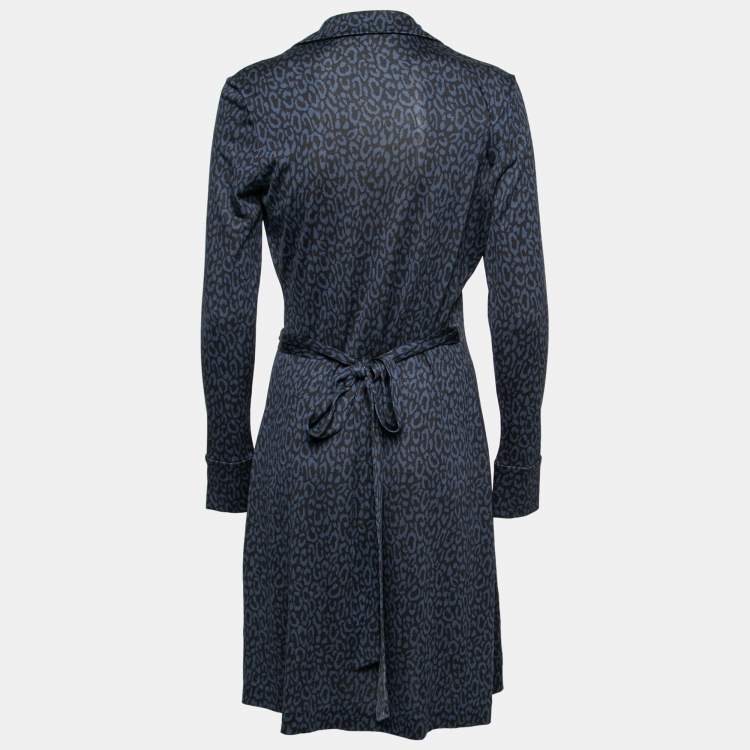 Pre Owned Diane von Furstenberg Navy Blue Printed Silk Jersey Cybil Wrap Dress M