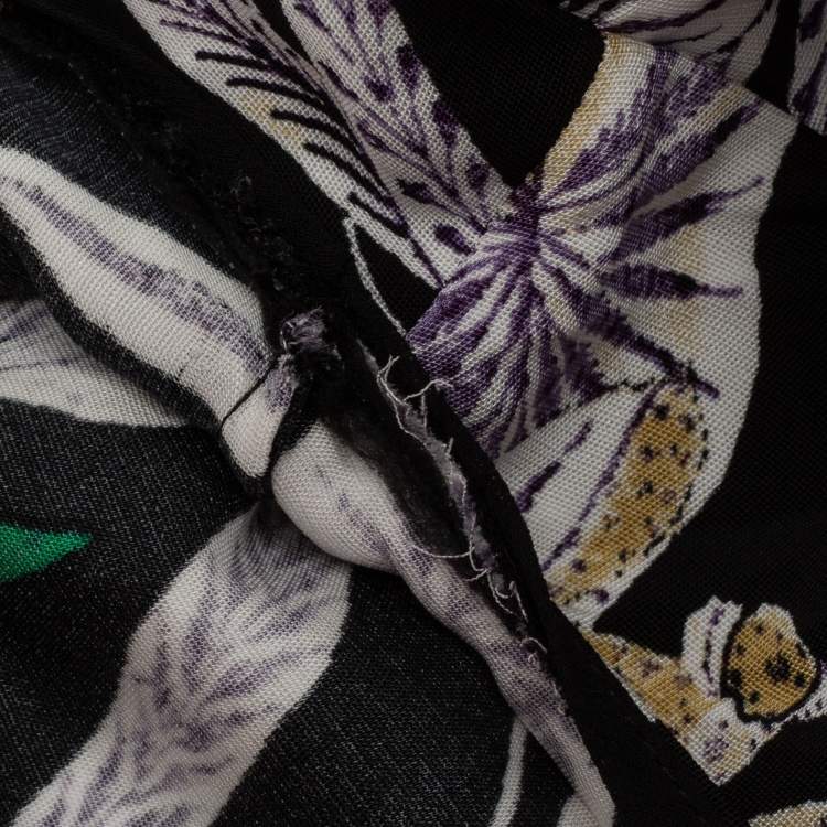 Pre Owned Diane von Furstenberg Black Floral Print Crepe Wrap Blouse & Skirt Set L