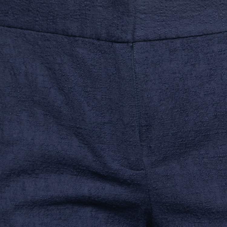 Pre Owned Diane von Furstenberg Navy Blue Textured Cotton Cropped Tapered Trousers S