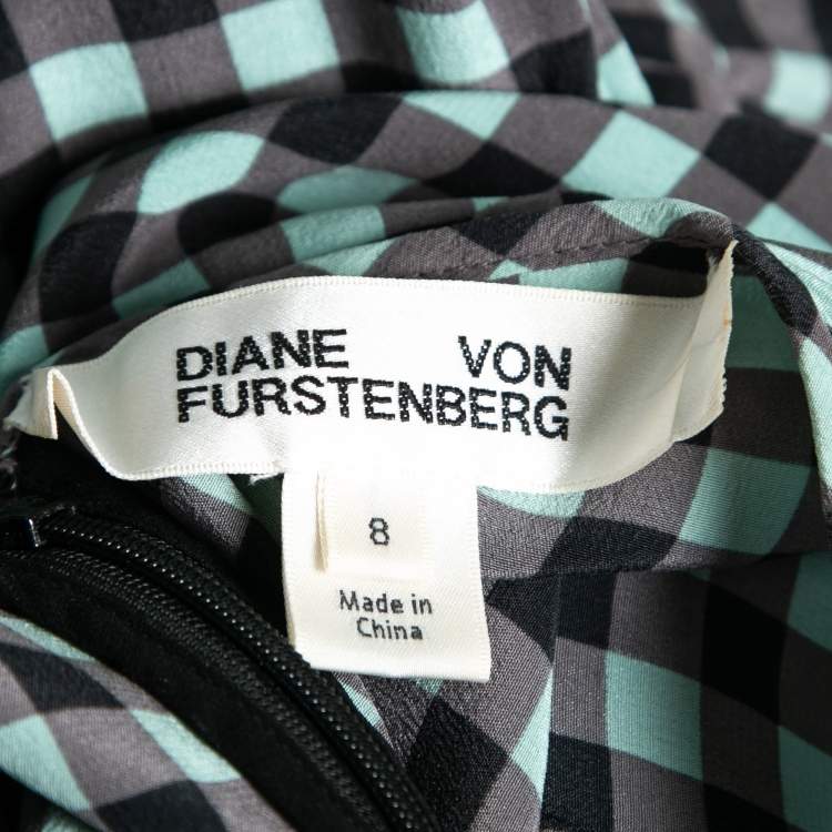 Pre Owned Diane von Furstenberg Black & Teal Checkered Silk Maxi Dress M