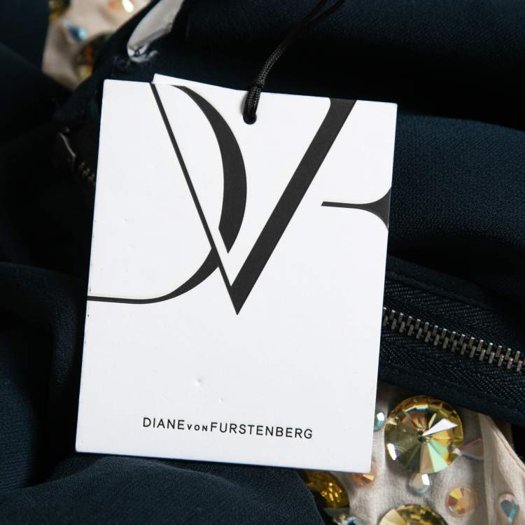 Pre Owned Diane von Furstenberg Navy Blue Silk Rounded Crystal Embellished Gidget Top M