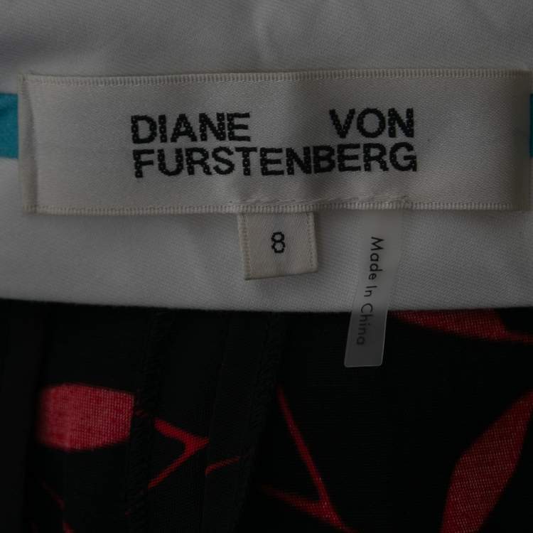 Pre Owned Diane Von Furstenberg Black & Red Printed Stretch Crepe Wide Leg Trousers M