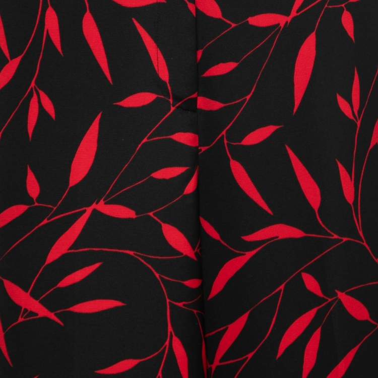Pre Owned Diane Von Furstenberg Black & Red Printed Stretch Crepe Wide Leg Trousers M