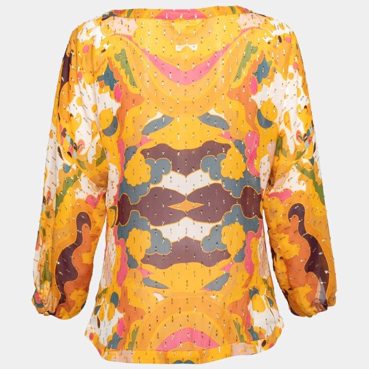 Pre Owned Diane von Furstenberg Yellow Printed Silk & Lurex Detail Peelo Blouse M