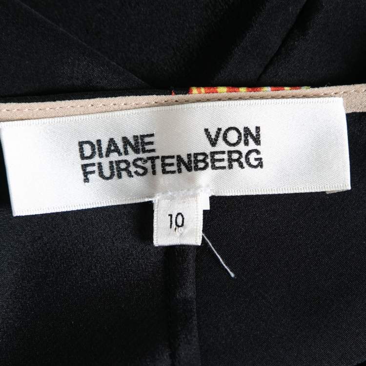 مملوكة مسبقًا Diane von Furstenberg Black Bird Print Silk Wrap Dress L