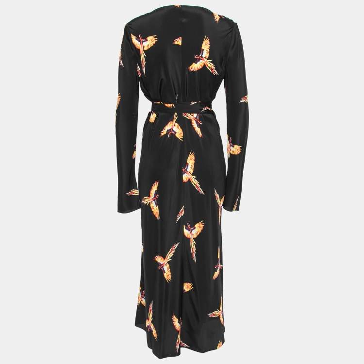 مملوكة مسبقًا Diane von Furstenberg Black Bird Print Silk Wrap Dress L