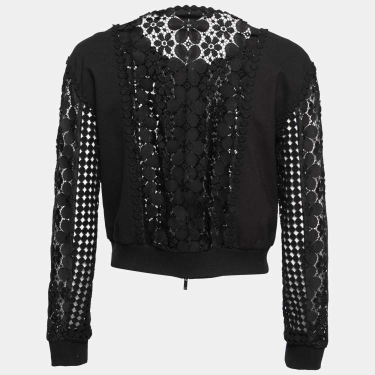 Pre Owned Diane Von Furstenberg Black Guipure Lace & Knit Jessica Bomber Jacket S