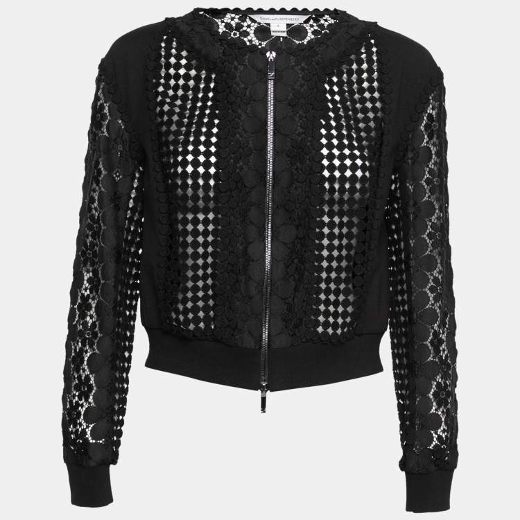 Pre Owned Diane Von Furstenberg Black Guipure Lace & Knit Jessica Bomber Jacket S