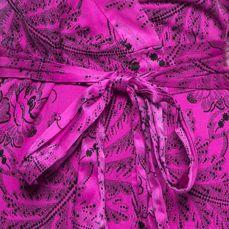 Pre Owned Diane von Furstenberg Hot Pink Floral Printed Silk Wrap Dress XS 