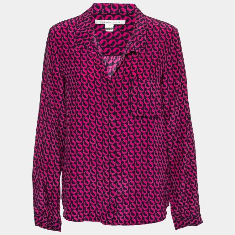 Pre Owned Diane Von Furstenberg Pink Lorelei Print Silk Shirt L