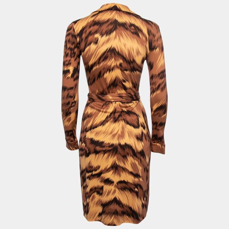 Pre Owned Diane Von Furstenberg Brown Animal Print Stretch Silk Wrap Dress S