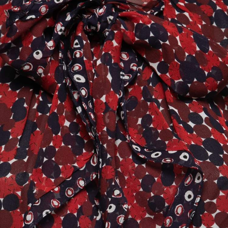 Pre Owned Diane Von Furstenberg Red Printed Silk Tie-Neck Top M