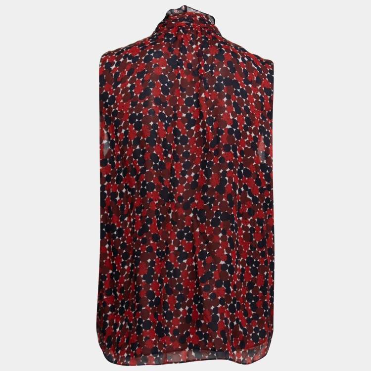 Pre Owned Diane Von Furstenberg Red Printed Silk Tie-Neck Top M