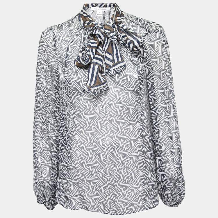 Pre Owned Diane Von Furstenberg Blue Printed Sheer Silk Tie-Neck Fernanda Blouse L