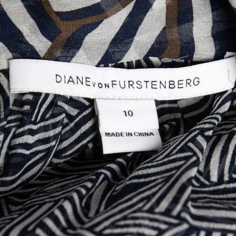 Pre Owned Diane Von Furstenberg Blue Printed Sheer Silk Tie-Neck Fernanda Blouse L