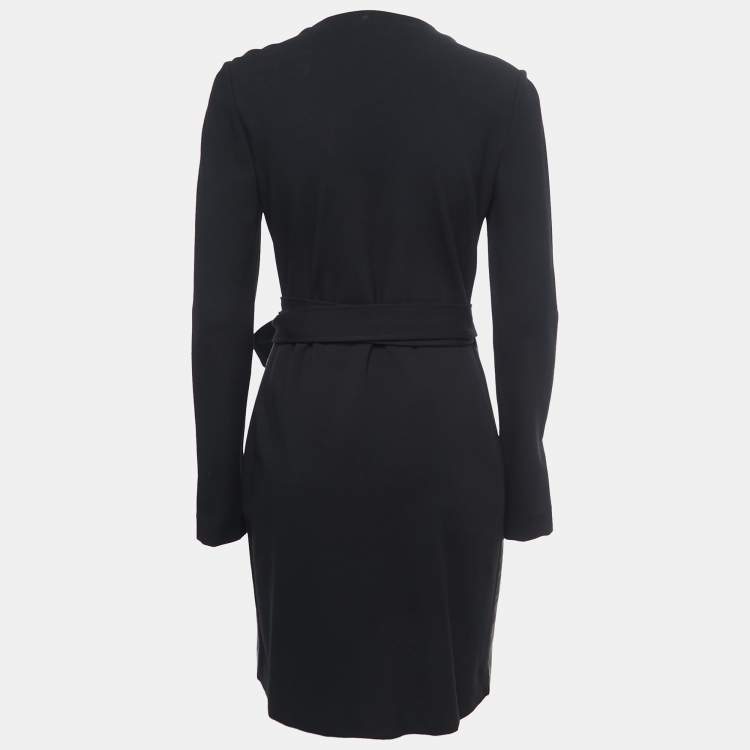 Pre Owned Diane Von Furstenberg Black Leather & Knit Wrap Midi Dress L
