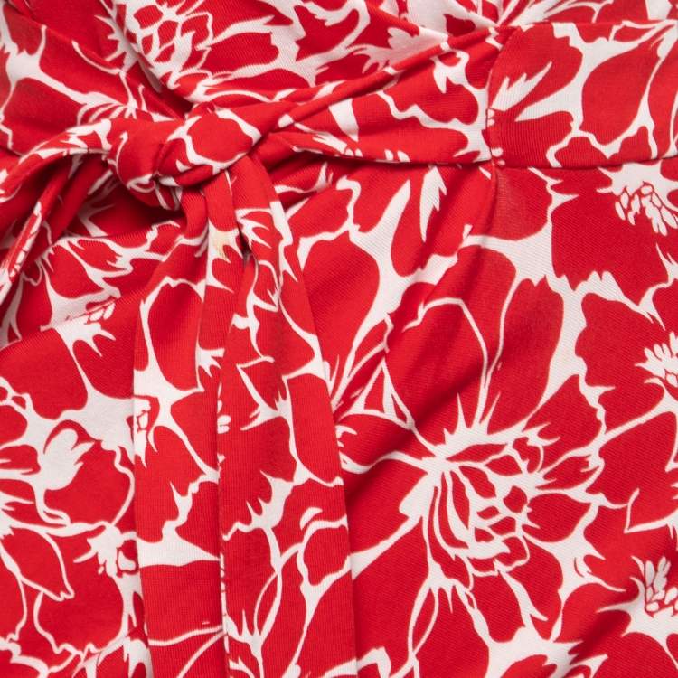 Pre Owned Diane Von Furstenberg Red and White Floral Print Faux Wrap Zoe Dress XS