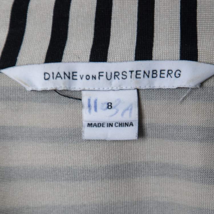 Pre Owned Diane Von Furstenberg Cream/Black Silk Striped Faith Wrap Dress M