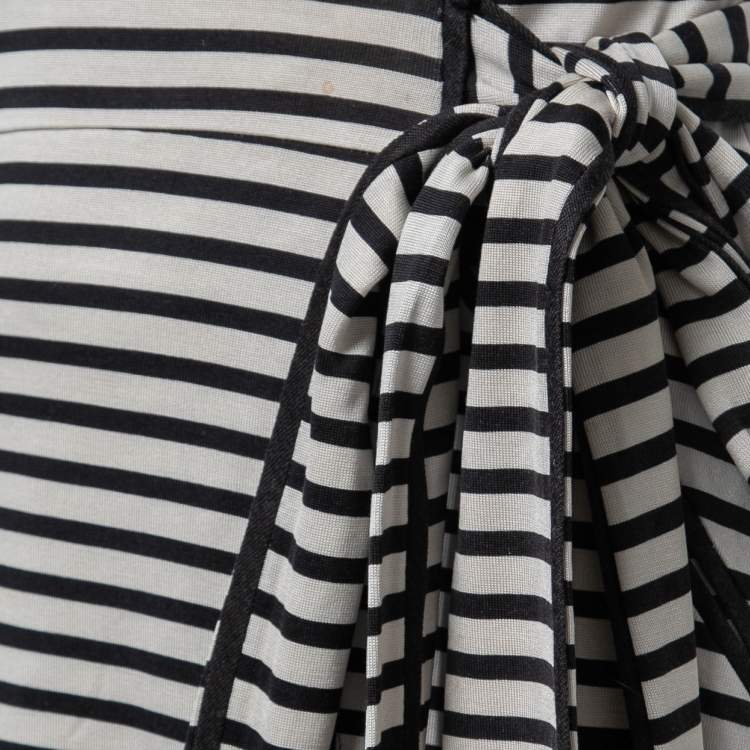 Pre Owned Diane Von Furstenberg Cream/Black Silk Striped Faith Wrap Dress M