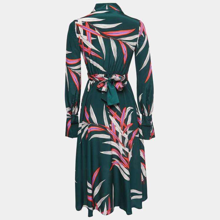 Pre Owned Diane Von Furstenberg Green Printed Silk Knot-Detail Midi Dress XS