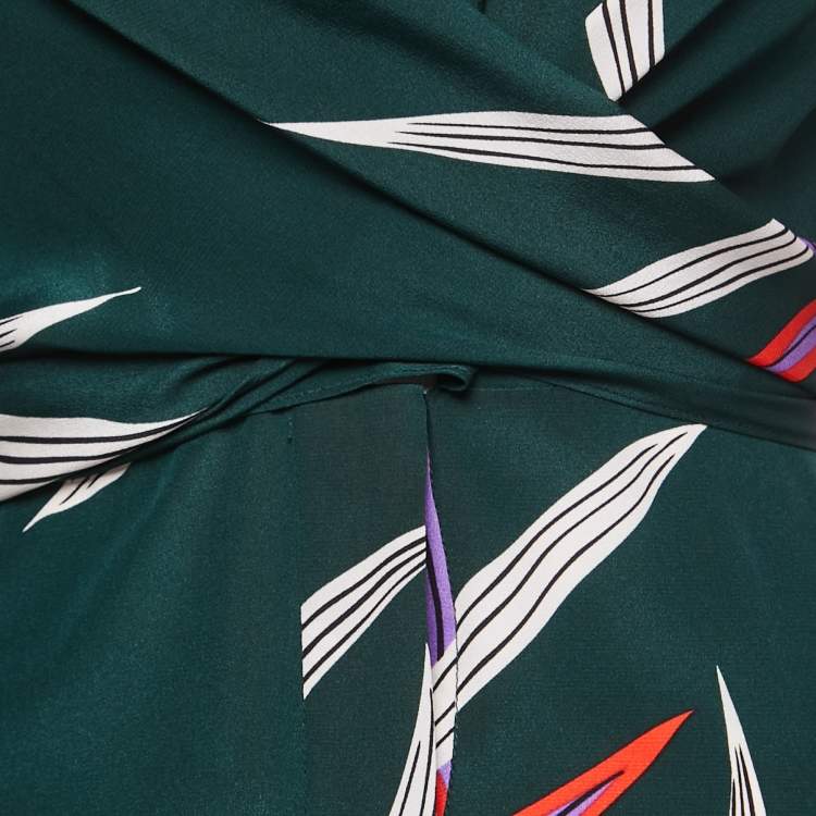 Pre Owned Diane Von Furstenberg Green Printed Silk Knot-Detail Midi Dress XS