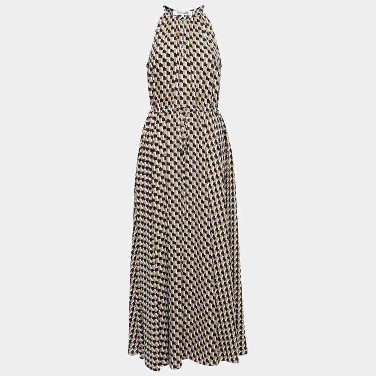 Pre Owned Diane Von Furstenberg  Beige Geometric Print Crepe Halter Neck Maxi Dress L