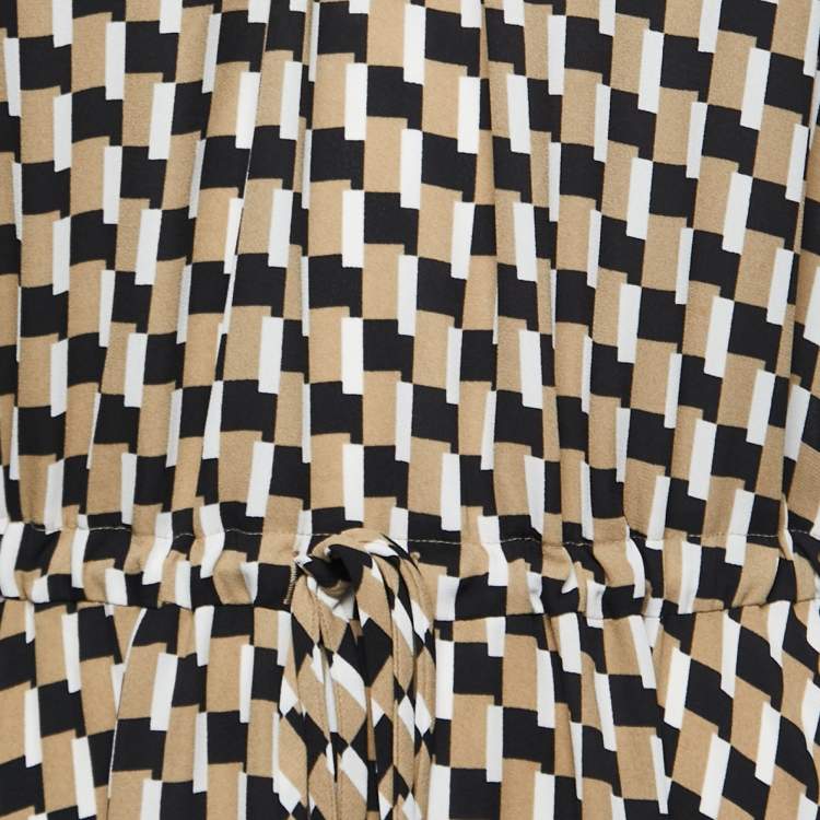 Pre Owned Diane Von Furstenberg  Beige Geometric Print Crepe Halter Neck Maxi Dress L