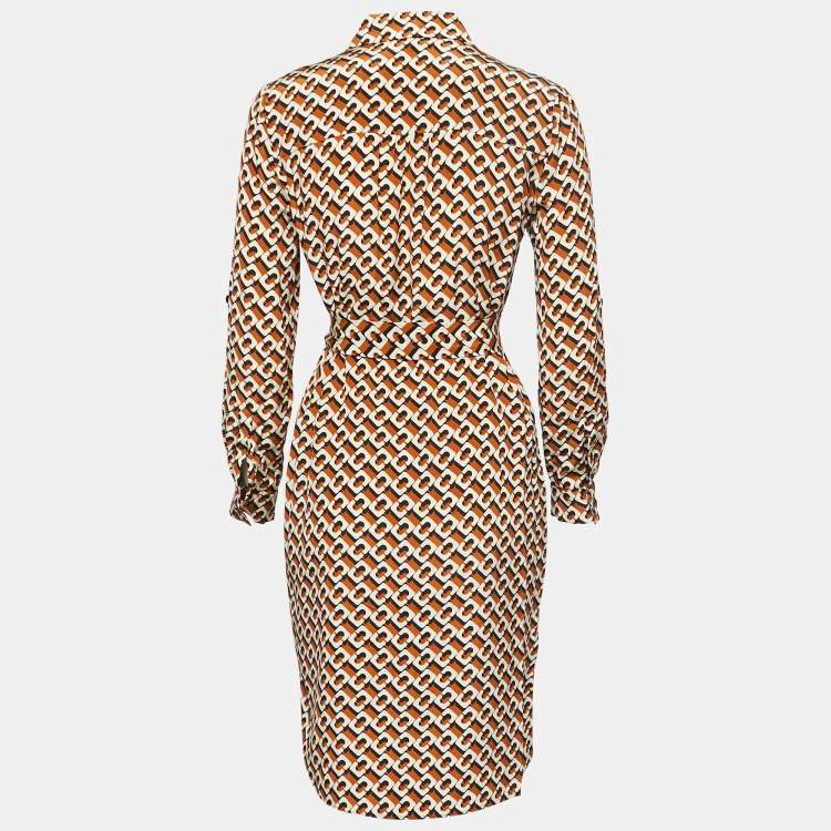 مملوكة مسبقًا Diane Von Furstenberg Orange Printed Silk Belted Shirt Dress XS