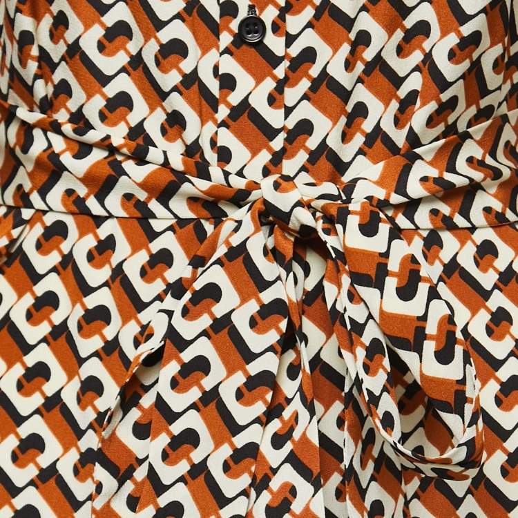 مملوكة مسبقًا Diane Von Furstenberg Orange Printed Silk Belted Shirt Dress XS