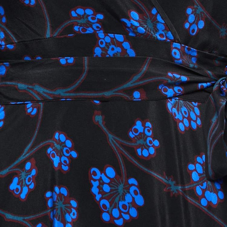 Pre Owned Diane Von Furstenberg Black/Blue Floral Printed Silk Wrap Midi Dress XS