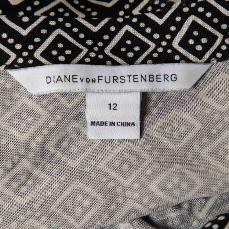 مملوكة مسبقًا Diane von Furstenberg Black Printed Jersey-Silk Jeanne Wrap Dress L