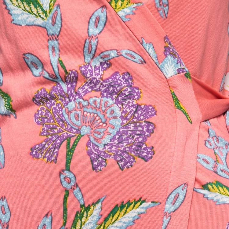 Pre Owned Diane Von Furstenberg Pink Floral Printed Jersey Maxi Wrap Dress S
