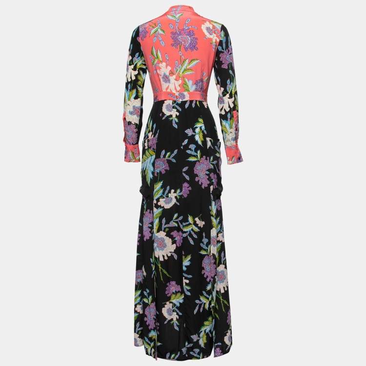 Pre Owned Diane Von Furstenberg Multicolor Floral Print Silk Contrast Maxi Dress S
