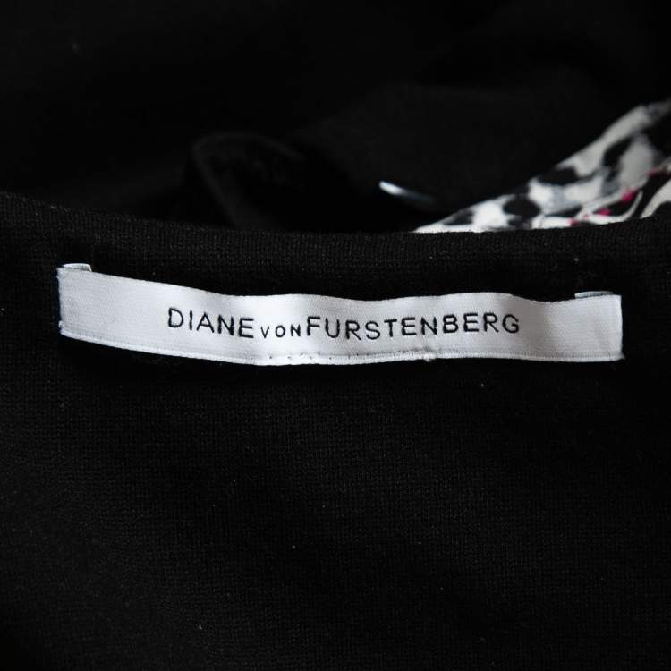 Pre Owned Diane Von Furstenberg  Black Printed Contrast Knit Sleeveless Midi Dress L