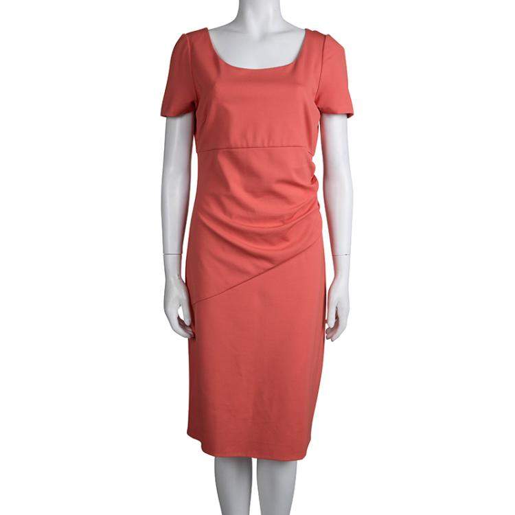Pre Owned Diane von Furstenberg Coral Red Stretch-Cady Gathered Bevina Dress L