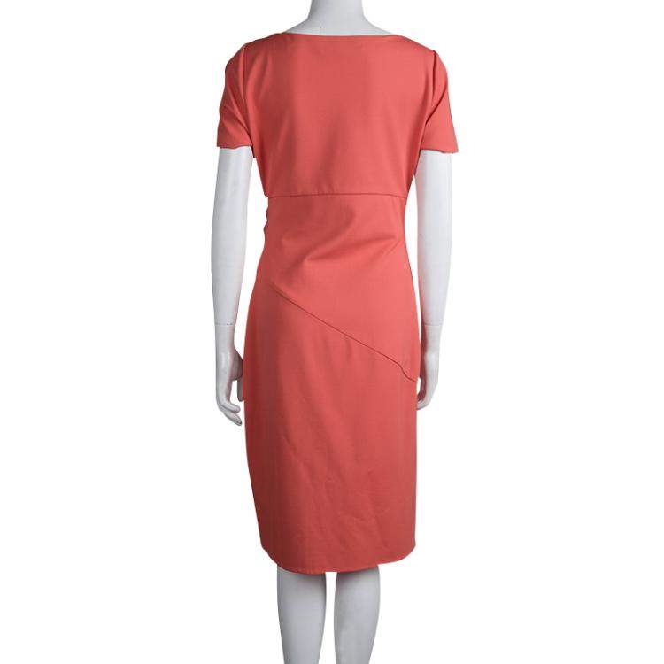 Pre Owned Diane von Furstenberg Coral Red Stretch-Cady Gathered Bevina Dress L