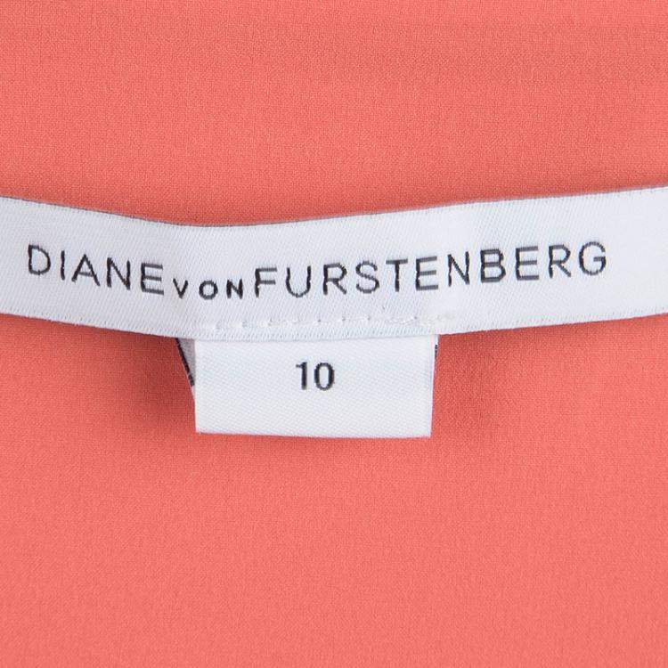 Pre Owned Diane von Furstenberg Coral Red Stretch-Cady Gathered Bevina Dress L